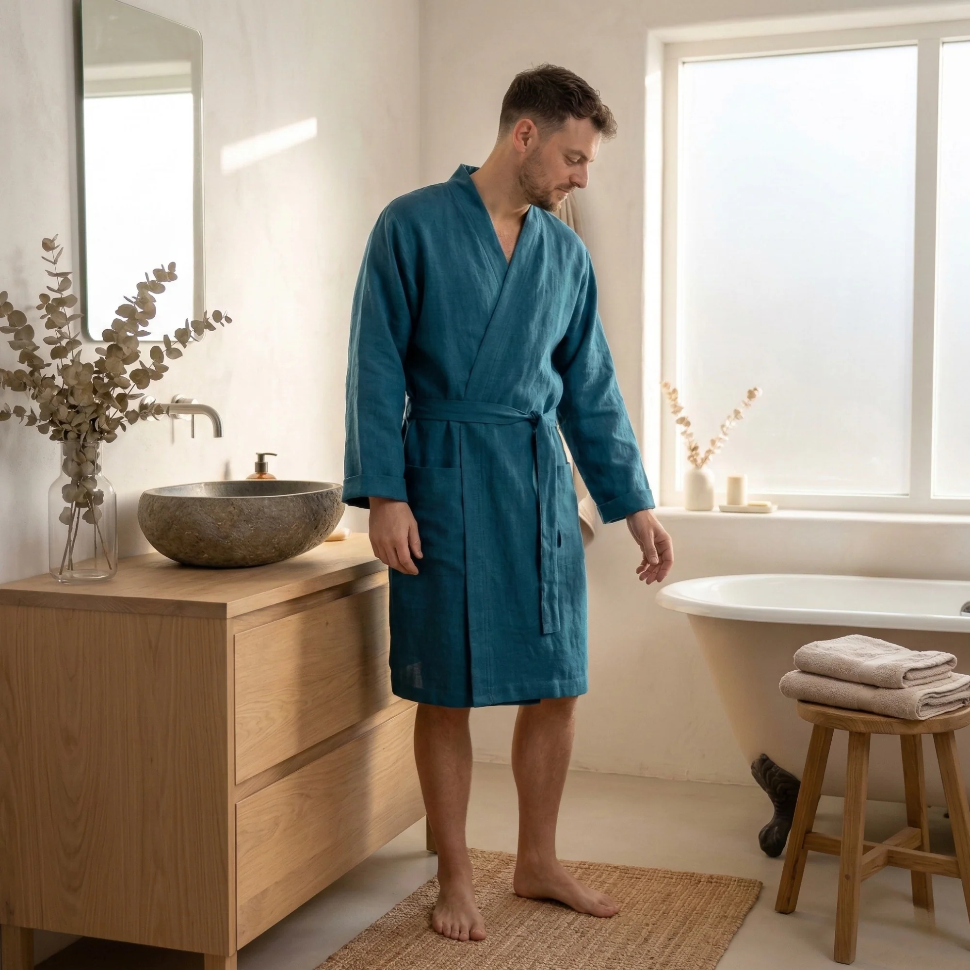 Men's Linen Short Bathrobe - Image 4