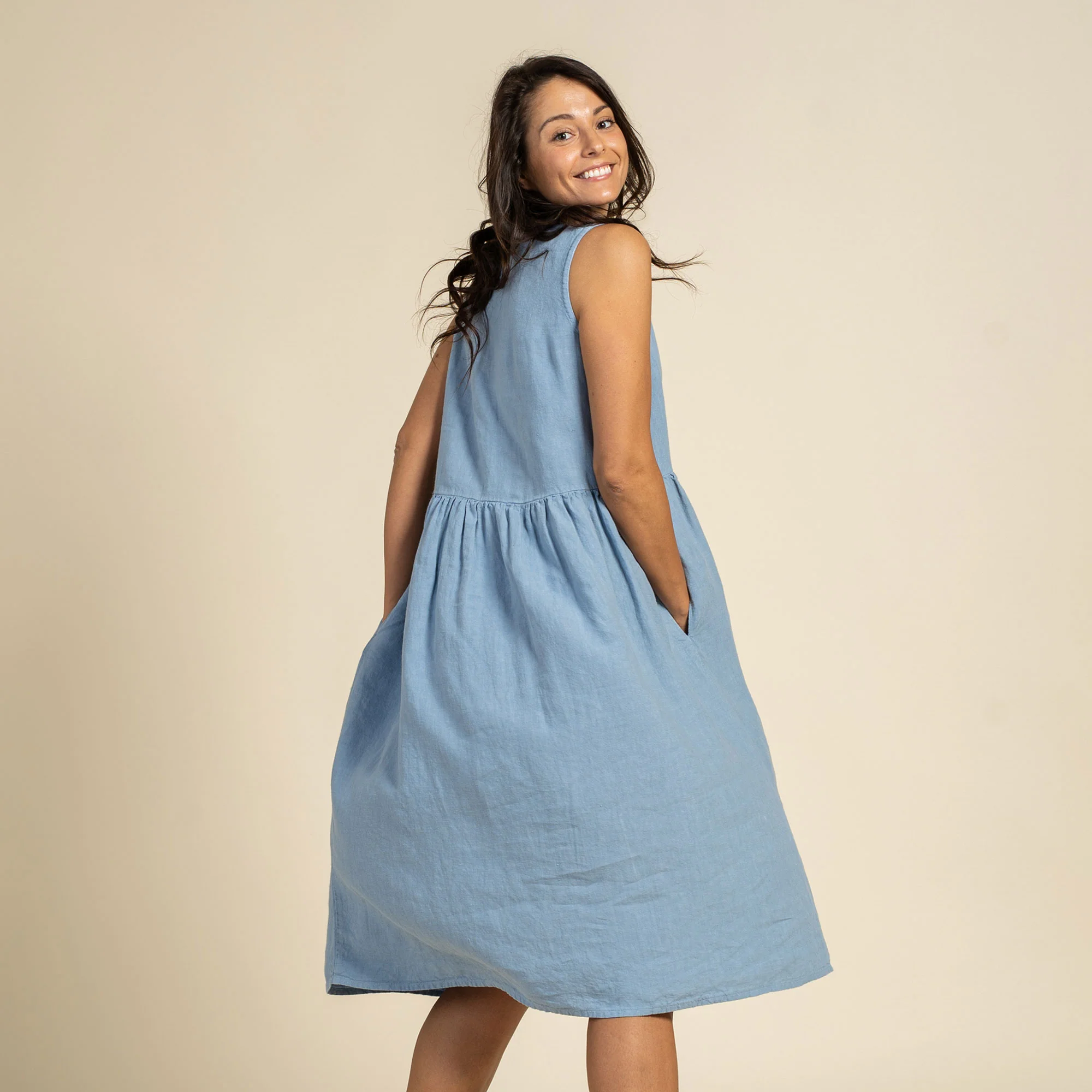 Linen Smock Dress Maya Cloudy Blue - Image 6