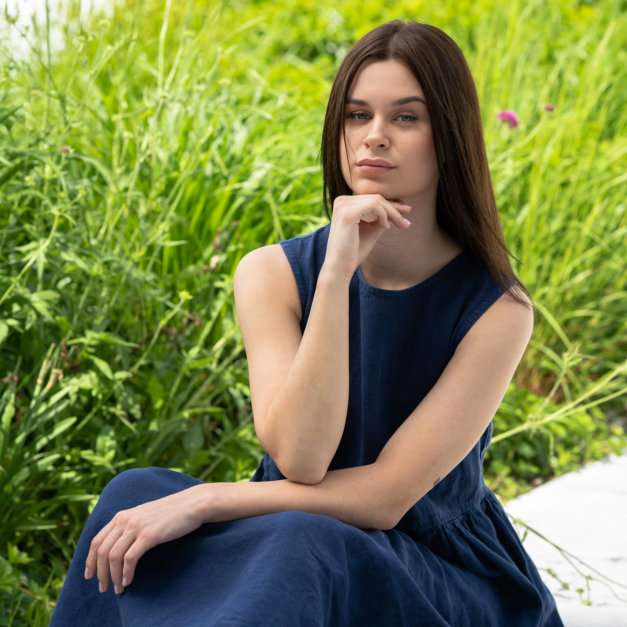 Linen Smock Dress Maya Storm Blue - Image 3
