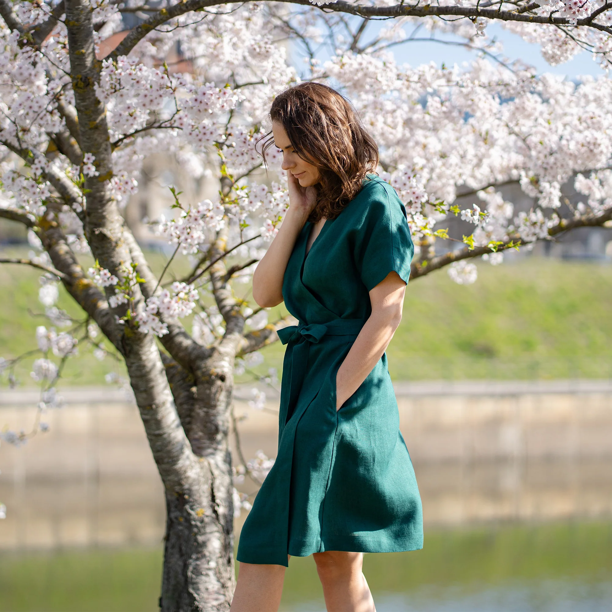 Linen Wrap Dress Eliana Dark Green - Image 4