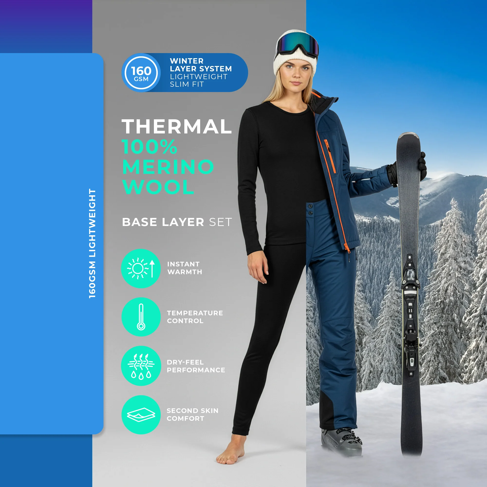 Women's 160 2-Piece Thermal Set Black - Image 5
