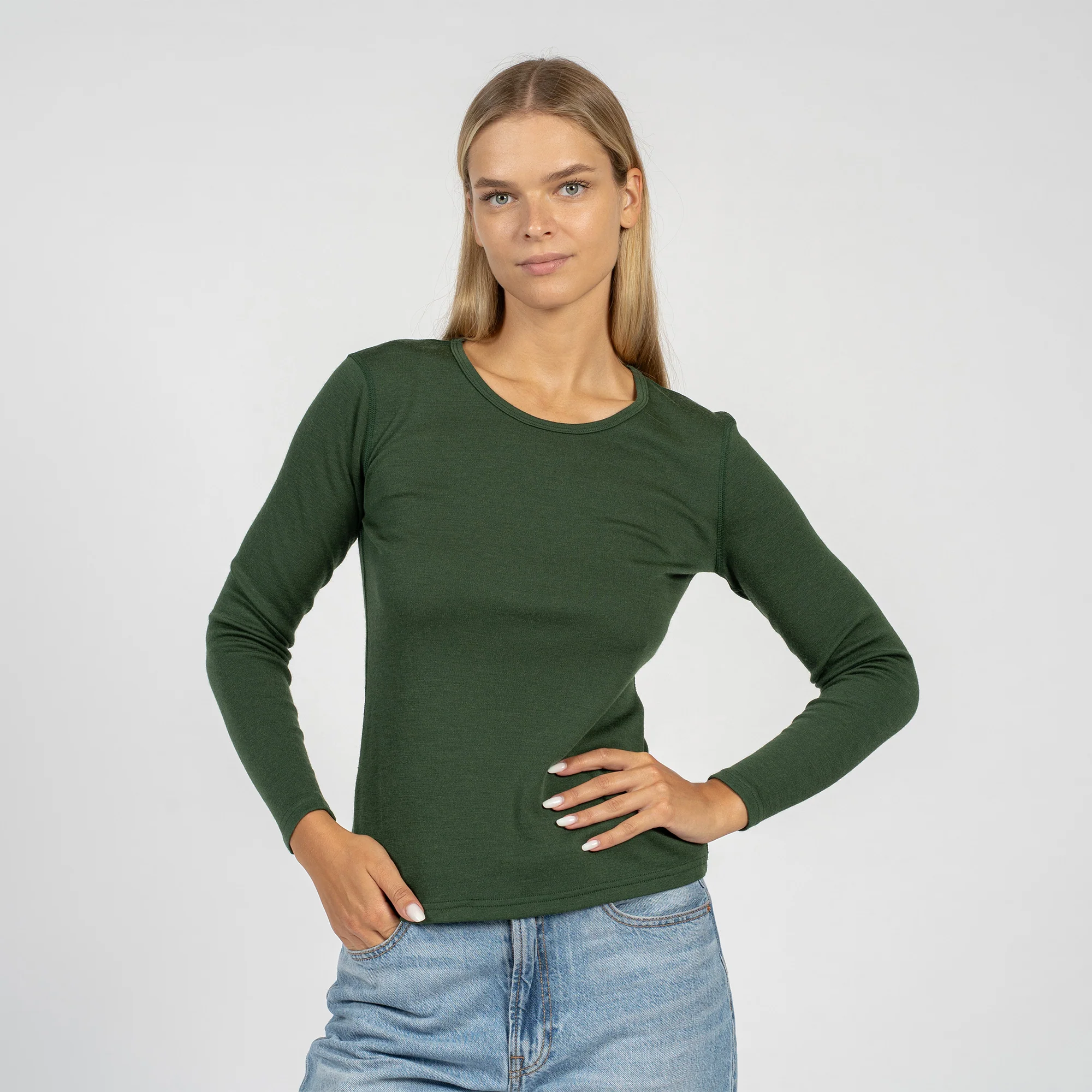 Women's 160 Thermal Long Sleeve Crew Dark Green - Image 3